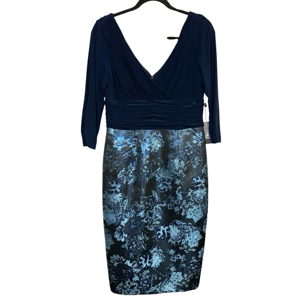 Adrianna Papell Navy Floral Cocktail Dress Size 8 NWT Elegant Pleated Bodice